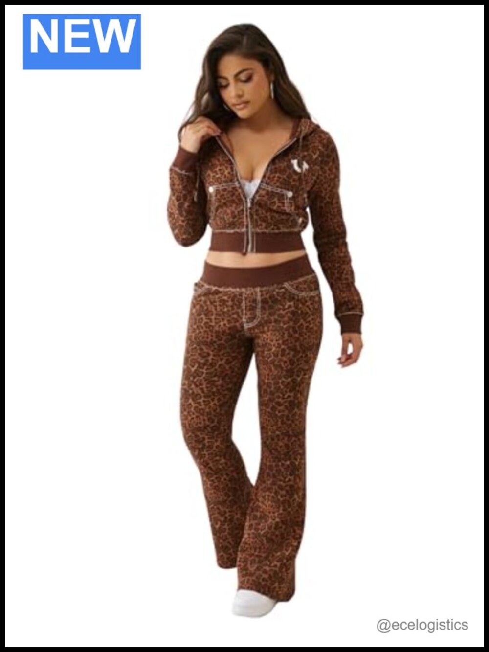 Crystal Embellished Leopard Print Shrunken Zip Hoodie Fleece Crew Neck